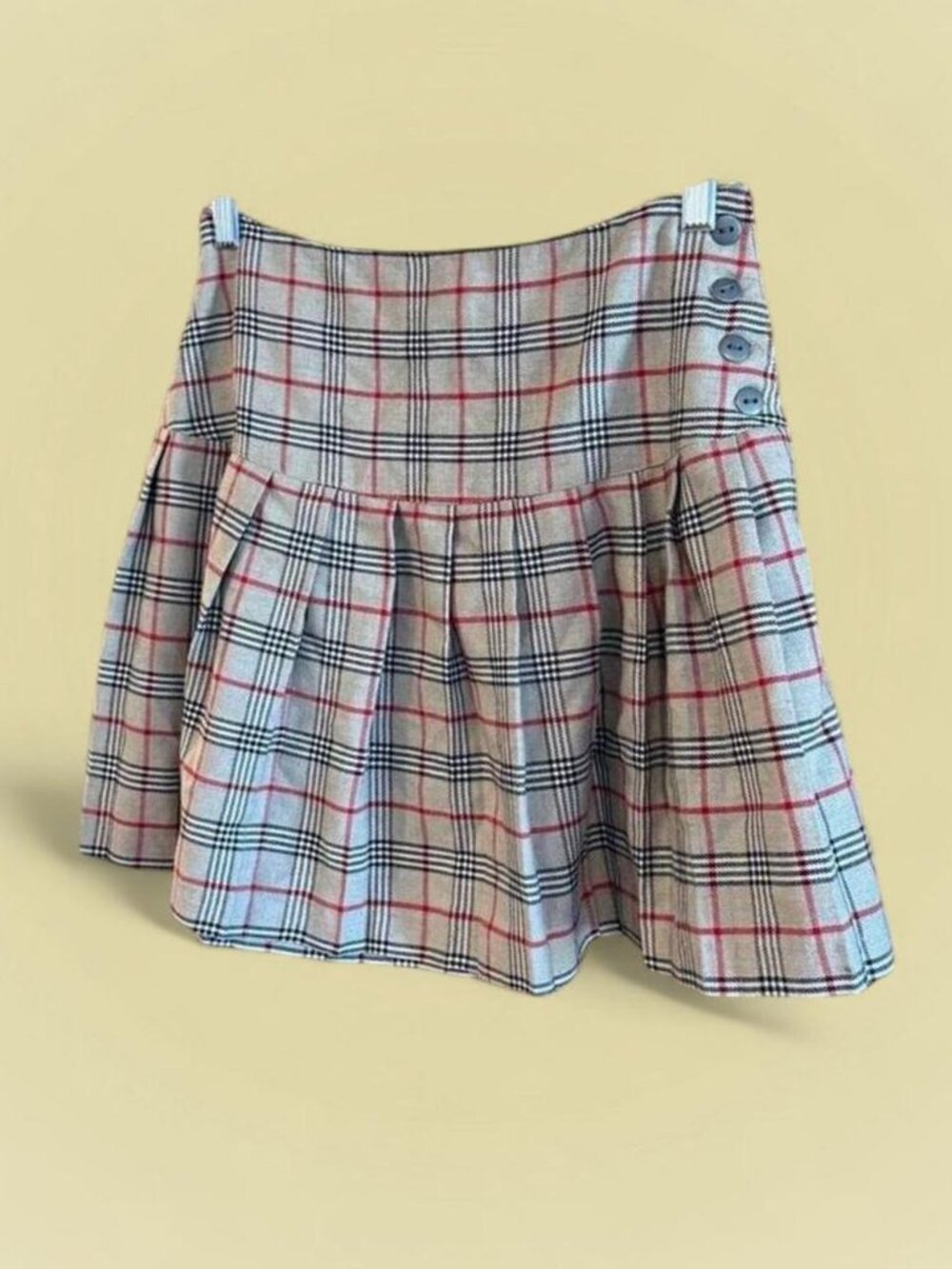 Express light grey, black, + red plaid pleated mini skirt